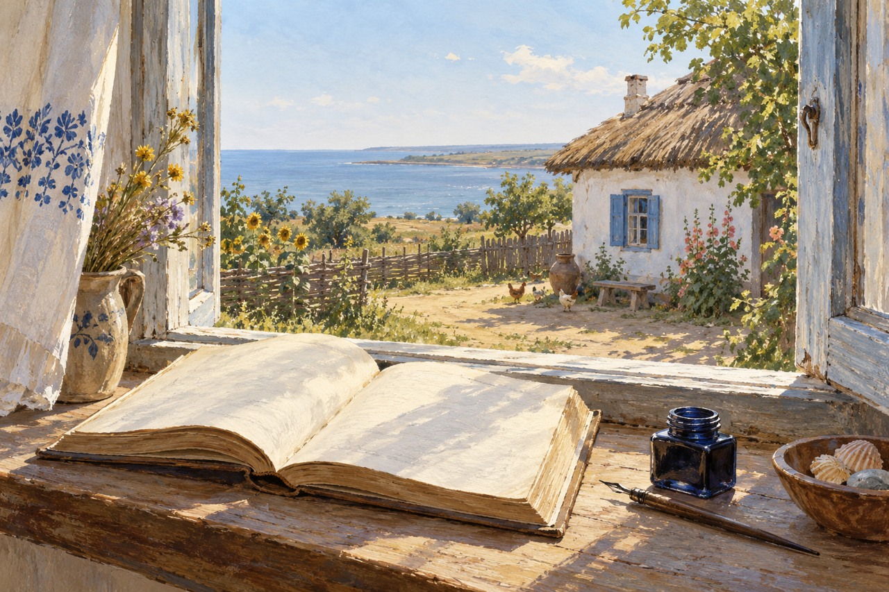 Книга и морской берег. Иллюстрация к поездке по местам Лермонтова.